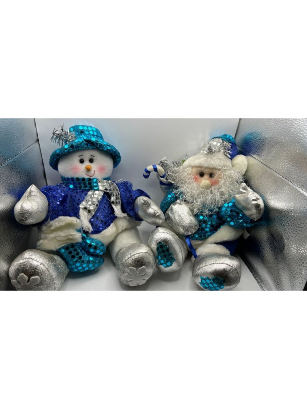 Snowman & Santa Plush Set With Blue Sequin Outfits & Silver Accents By Sun Point - Picture 2 of 6